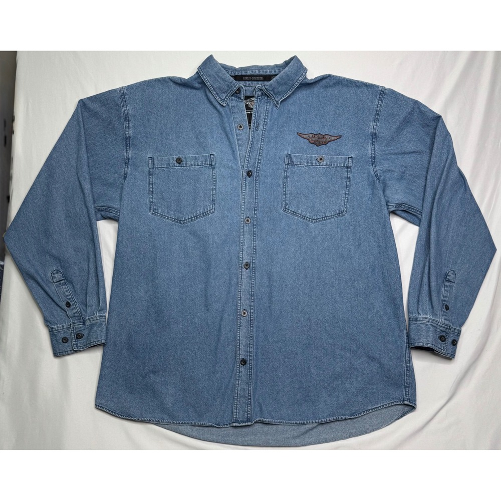 Harley-Davidson Mens 2XL Denim Button Up Shirt Blue Cotton Biker Grunge Retro